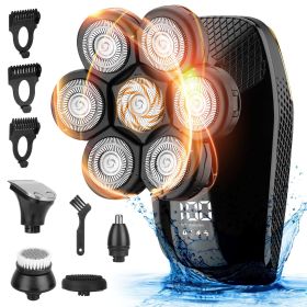 5 In 1 Electric Rotary Razor for Bald Men Rechargeable Cordless Head Beard Trimmer Shaver Kit IPX6 Waterproof Dry Wet Grooming Kit with 3 Combs